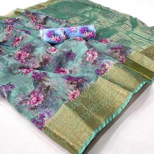 Blue Floral Digital Printed Organza Saree