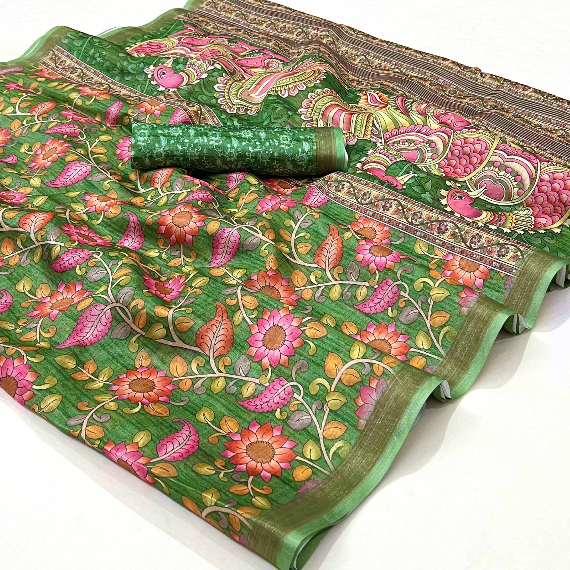 Green Floral Digital Printed Cotton Silk Saree