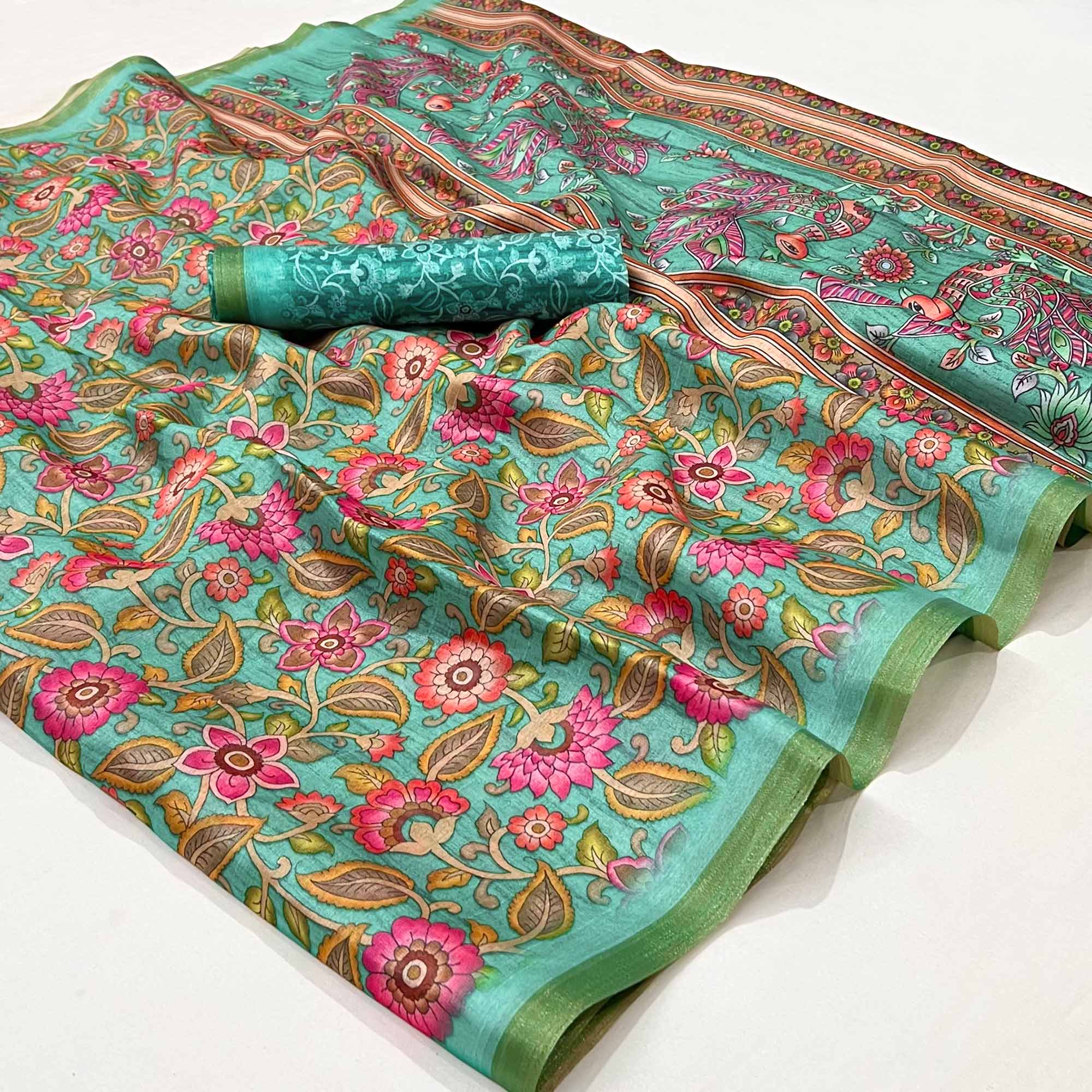 Turquoise Floral Digital Printed Cotton Silk Saree
