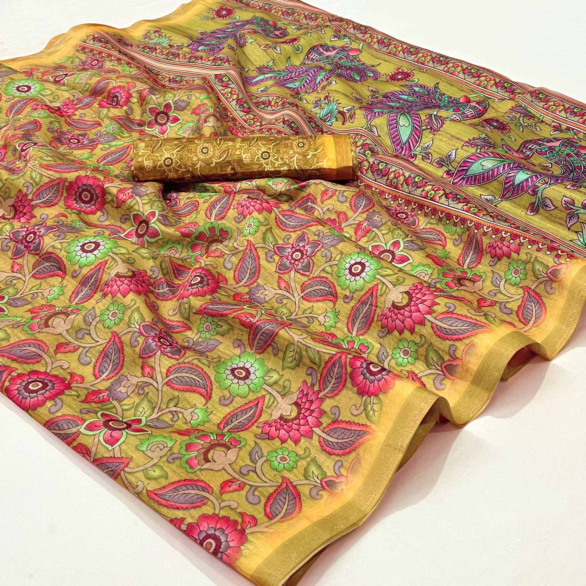 Mustard Floral Digital Printed Cotton Silk Saree