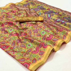 Mustard Floral Digital Printed Cotton Silk Saree