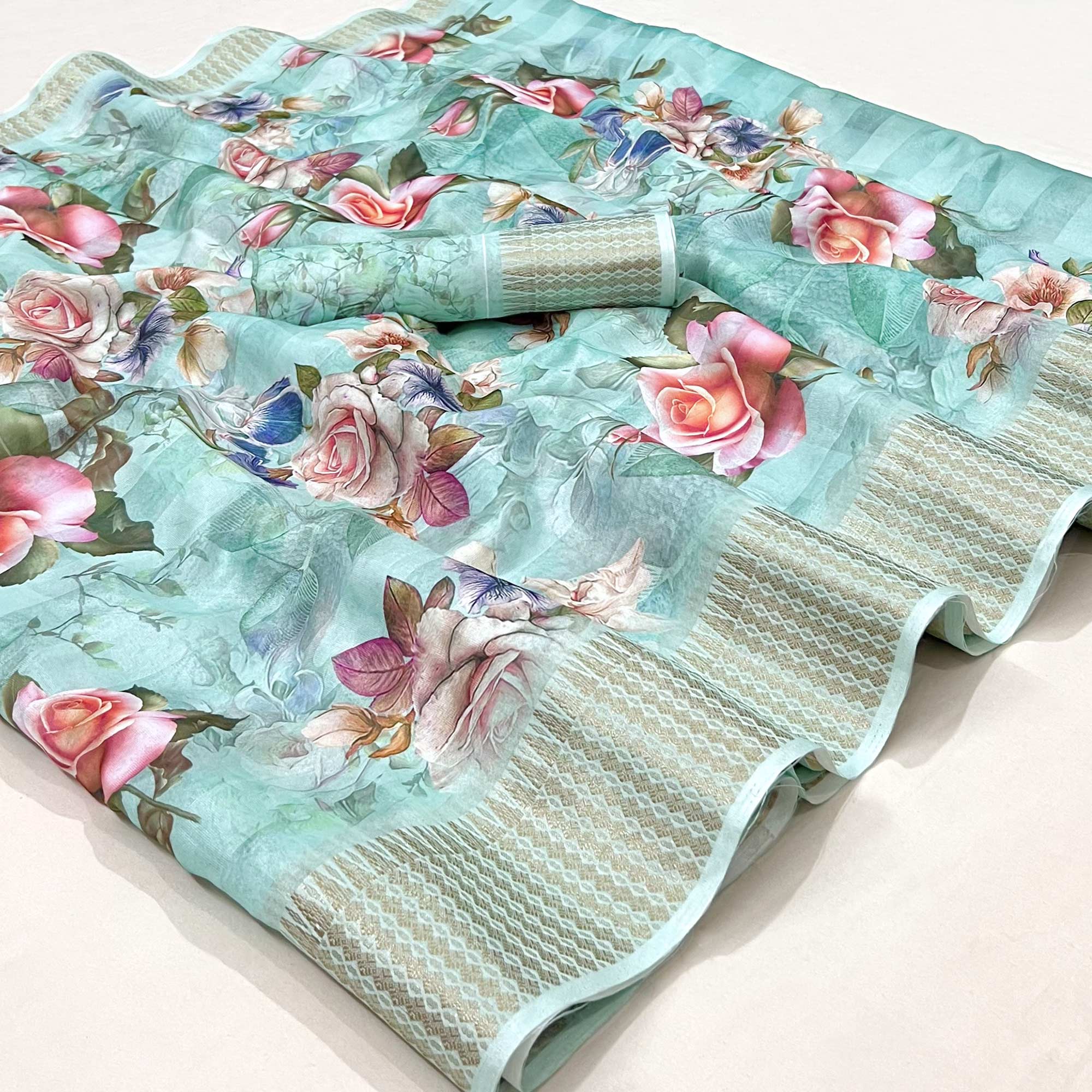 Blue Floral Digital Printed Cotton Silk Saree