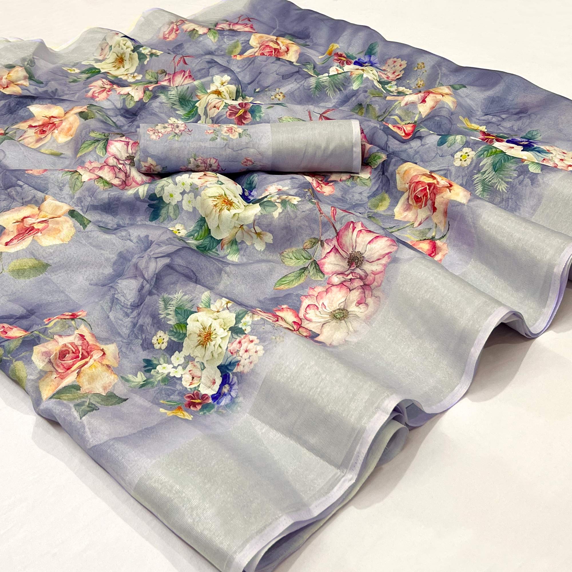 Purple Floral Digital Printed Cotton Silk Saree