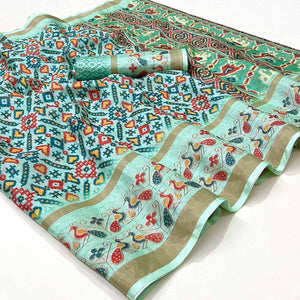 Blue Digital Printed Cotton Silk Saree