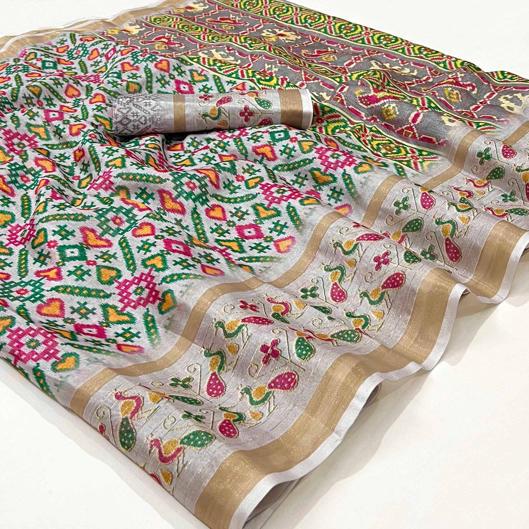 Grey Digital Printed Cotton Silk Saree