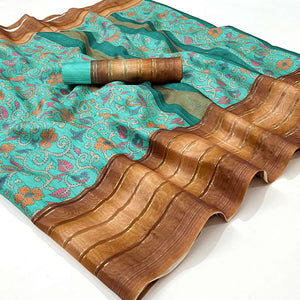 Turquoise Floral Digital Printed Cotton Silk Saree