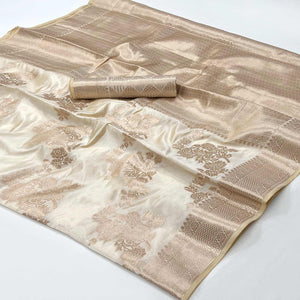 Off White Off White Floral Woven Raw Silk Saree