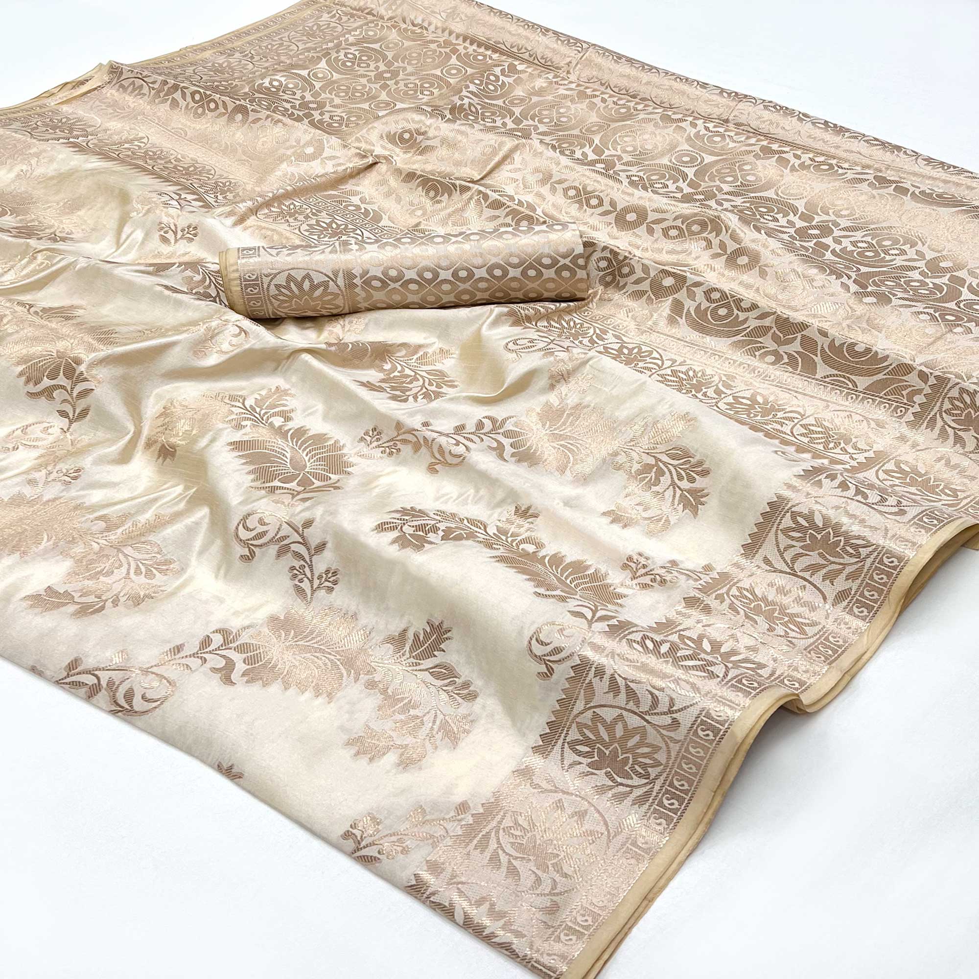 Off White Off White Floral Woven Raw Silk Saree