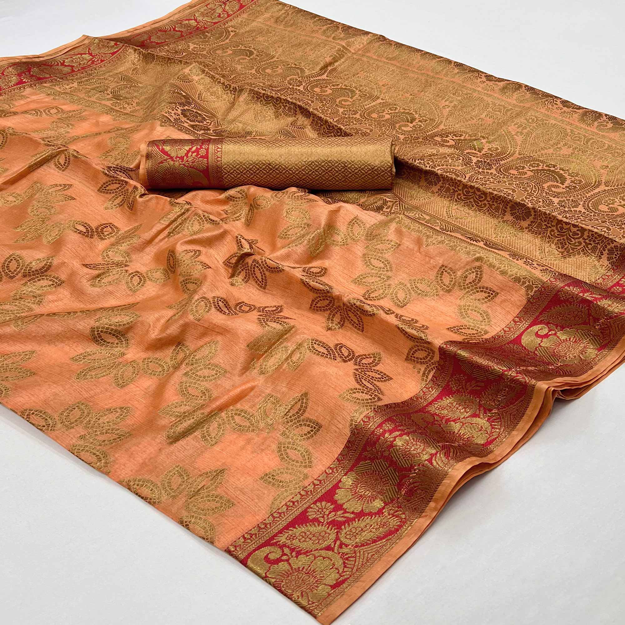 Peach Floral Woven Art Sill Saree