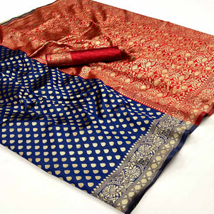 Navy Blue Floral Woven Banarasi Silk Saree
