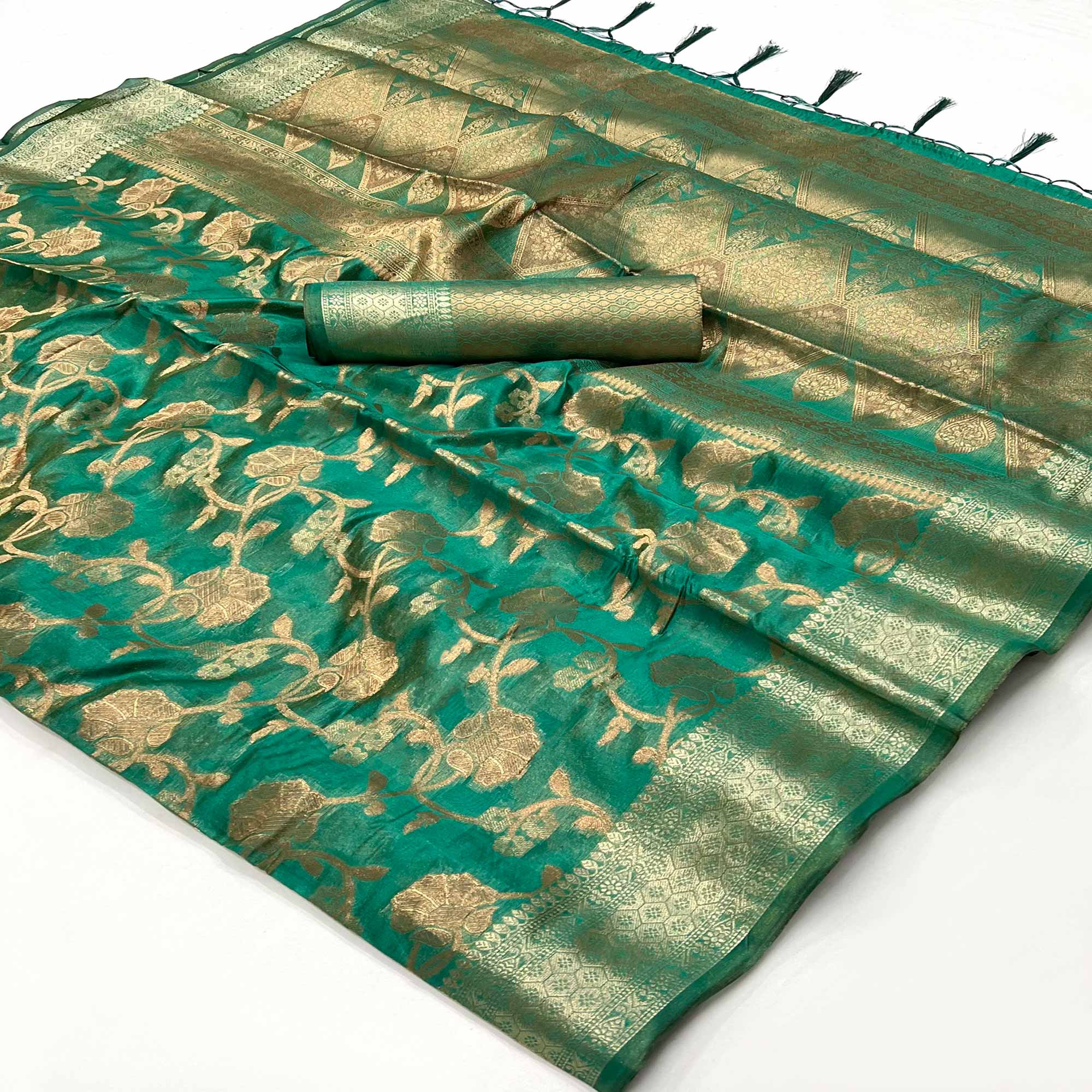 Rama Green Floral Woven Organza Saree