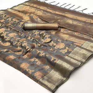 Grey Floral Woven Organza Saree