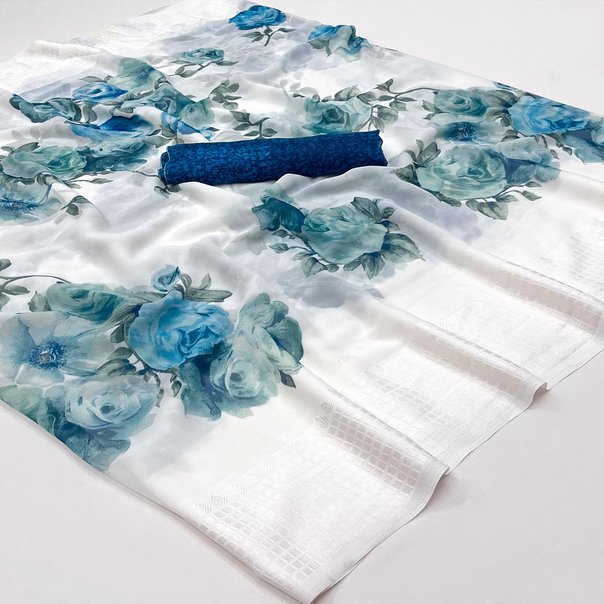 White & Blue Floral Printed Georgette Saree