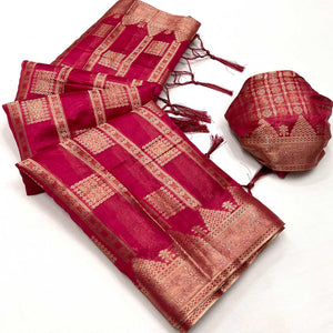Pink Woven Cotton Blend Saree With Tassels