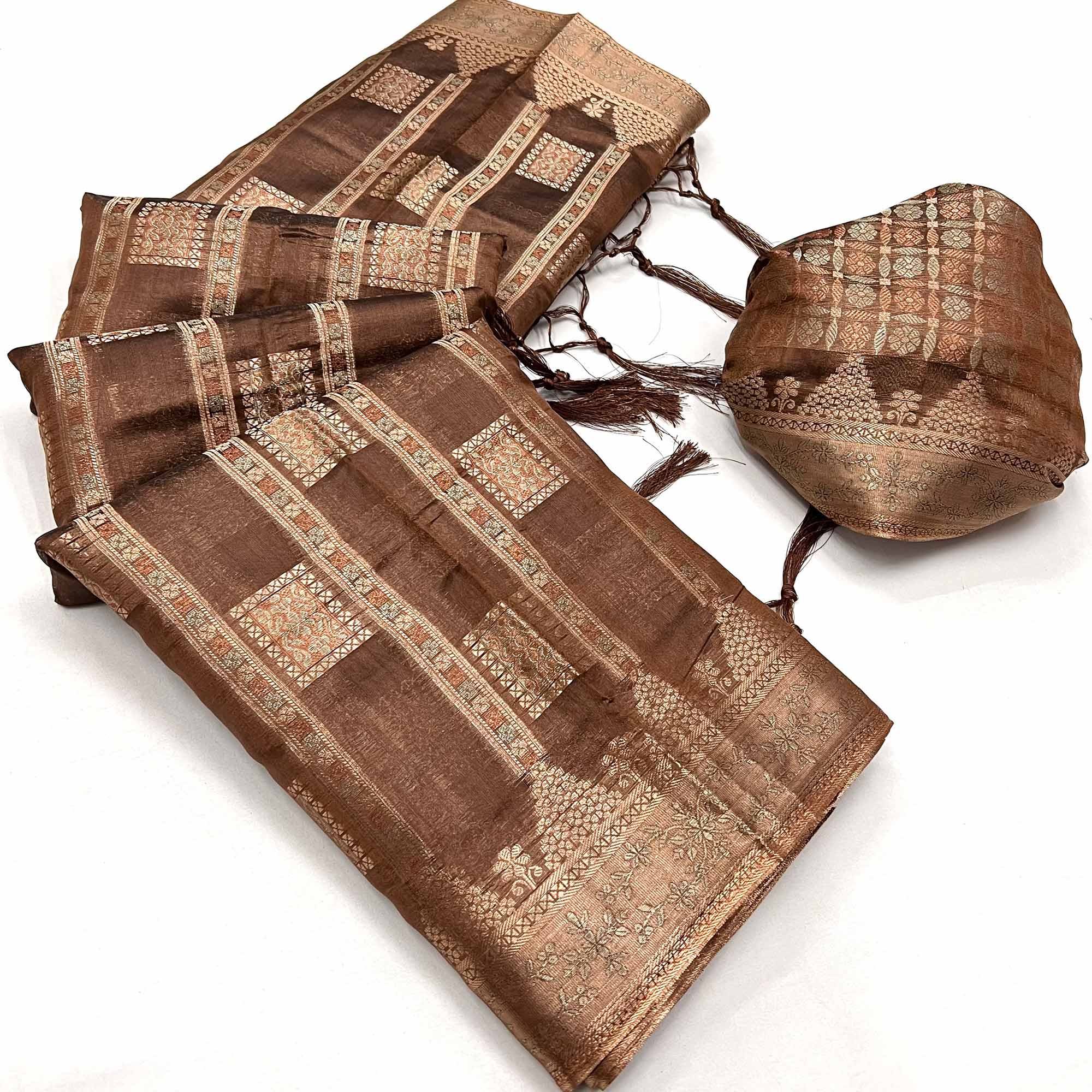 Brown Woven Cotton Blend Saree With Tassels