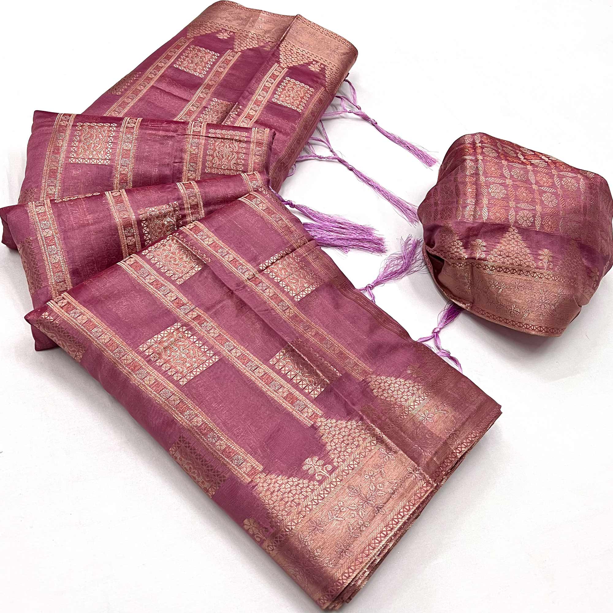Mauve Woven Cotton Blend Saree With Tassels