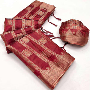 Red Woven Cotton Blend Saree With Tassels