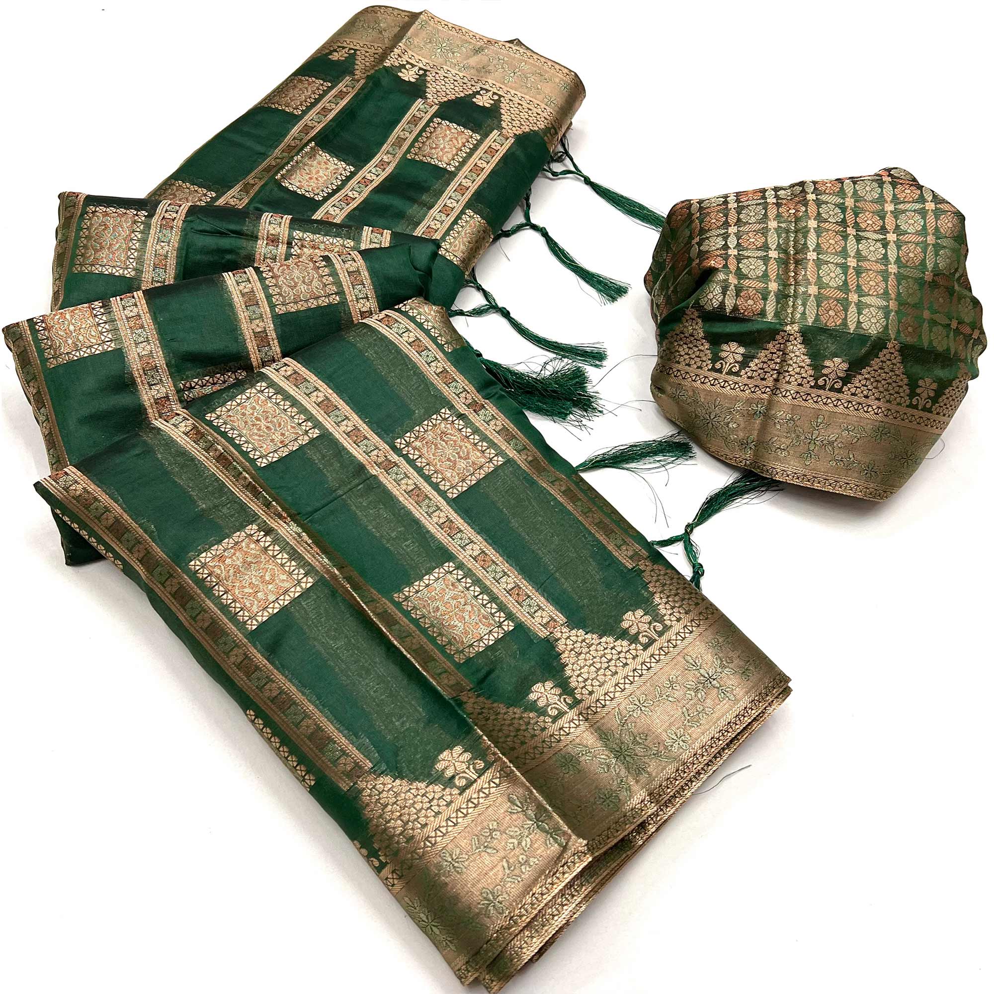 Green Woven Cotton Blend Saree With Tassels