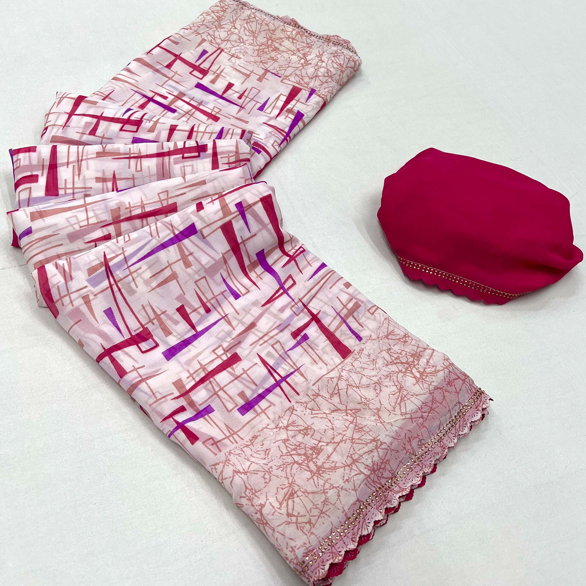 White & Rani Pink Geometric Printed Georgette Saree