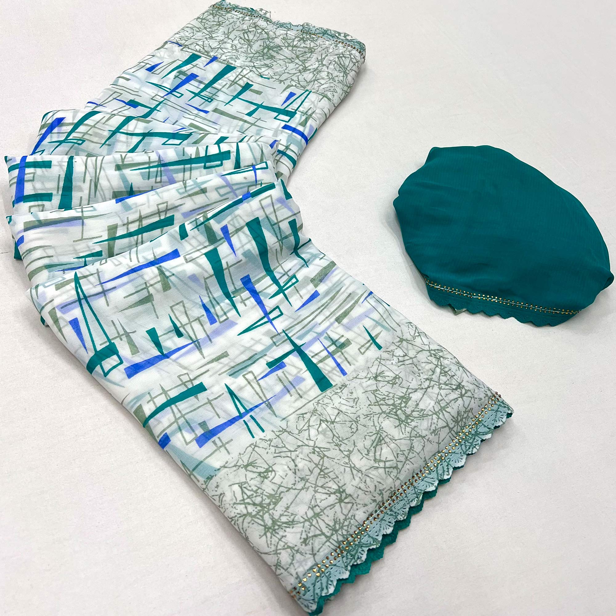 White & Blue Geometric Printed Georgette Saree
