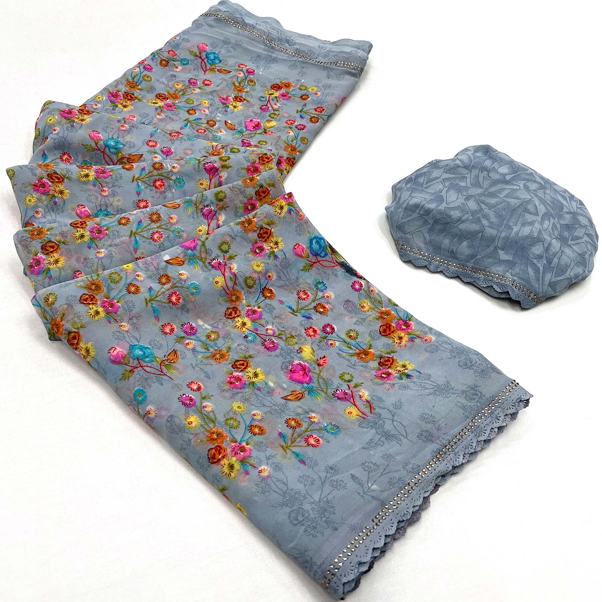 Grey Floral Printed Georgette Saree