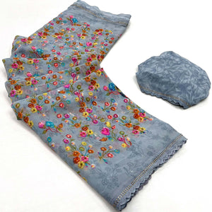 Grey Floral Printed Georgette Saree