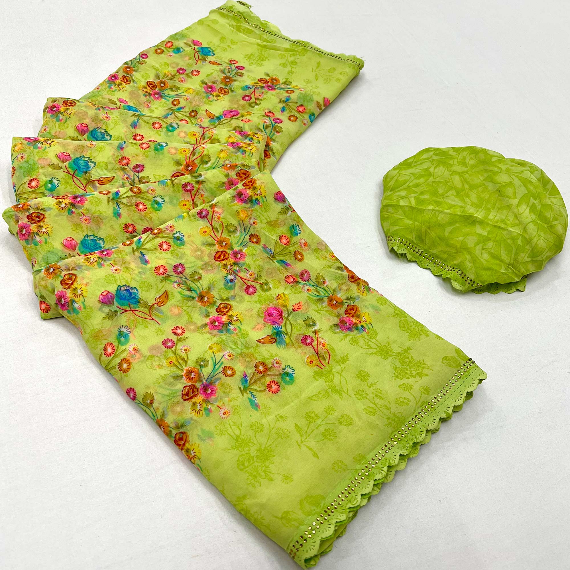 Green Floral Printed Georgette Saree