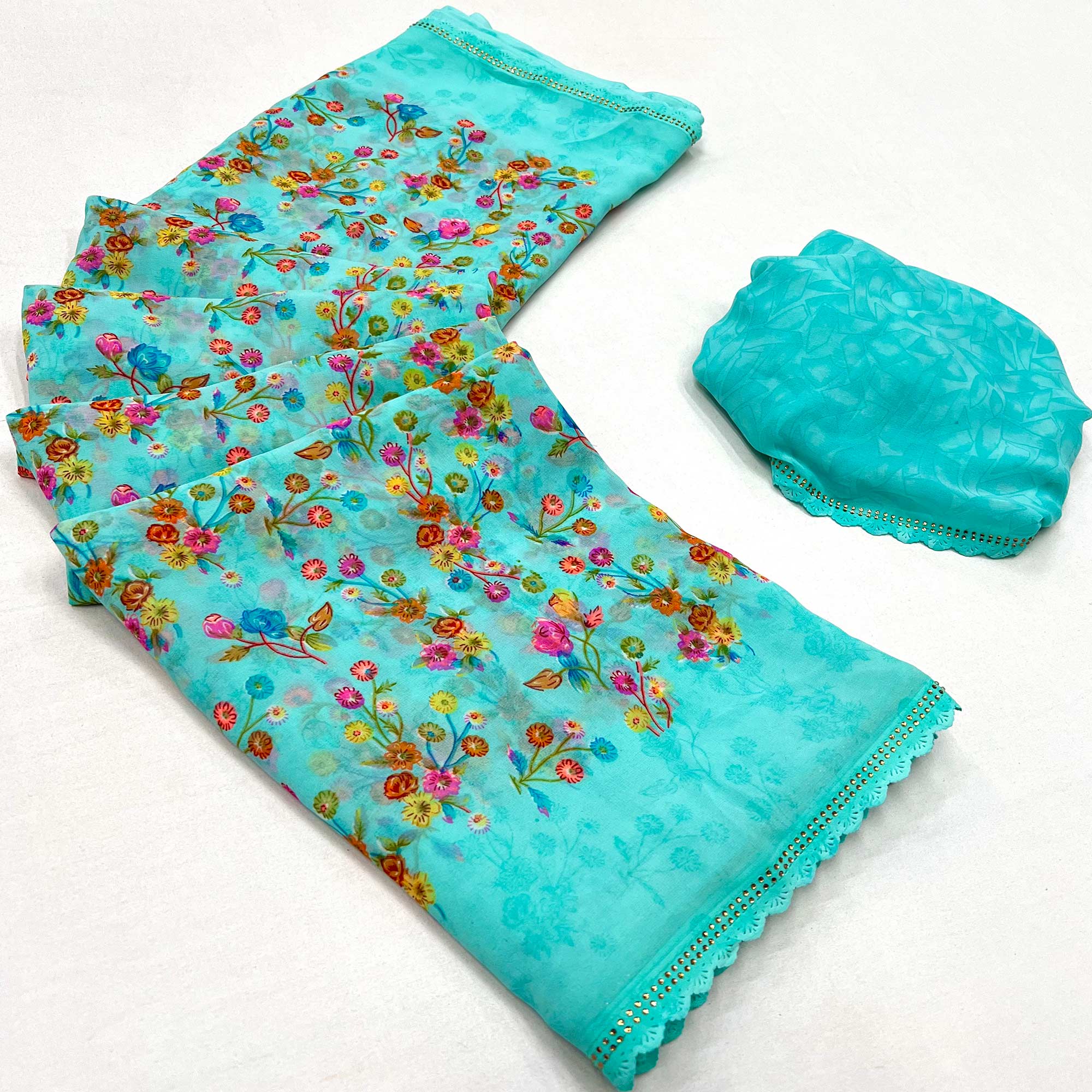 Blue Floral Printed Georgette Saree