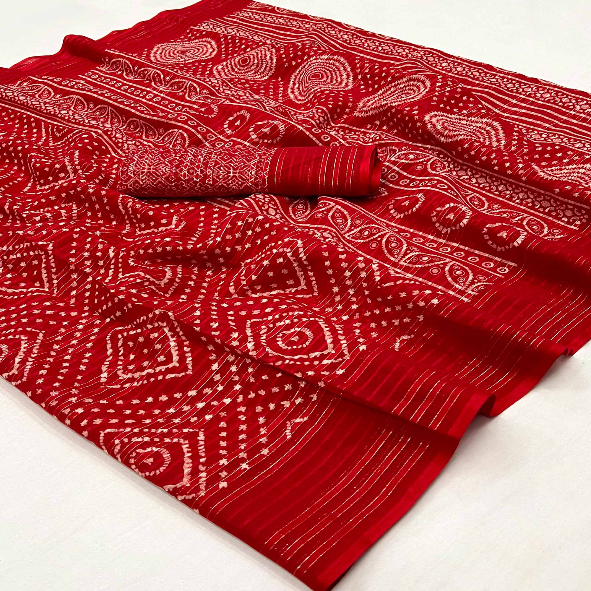 Red Woven With Printed Linen Saree