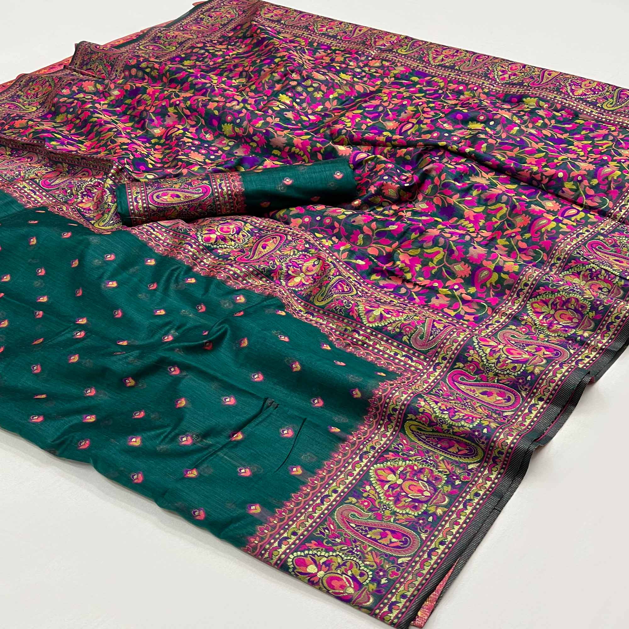 Teal Green Floral Woven Pashmina Saree