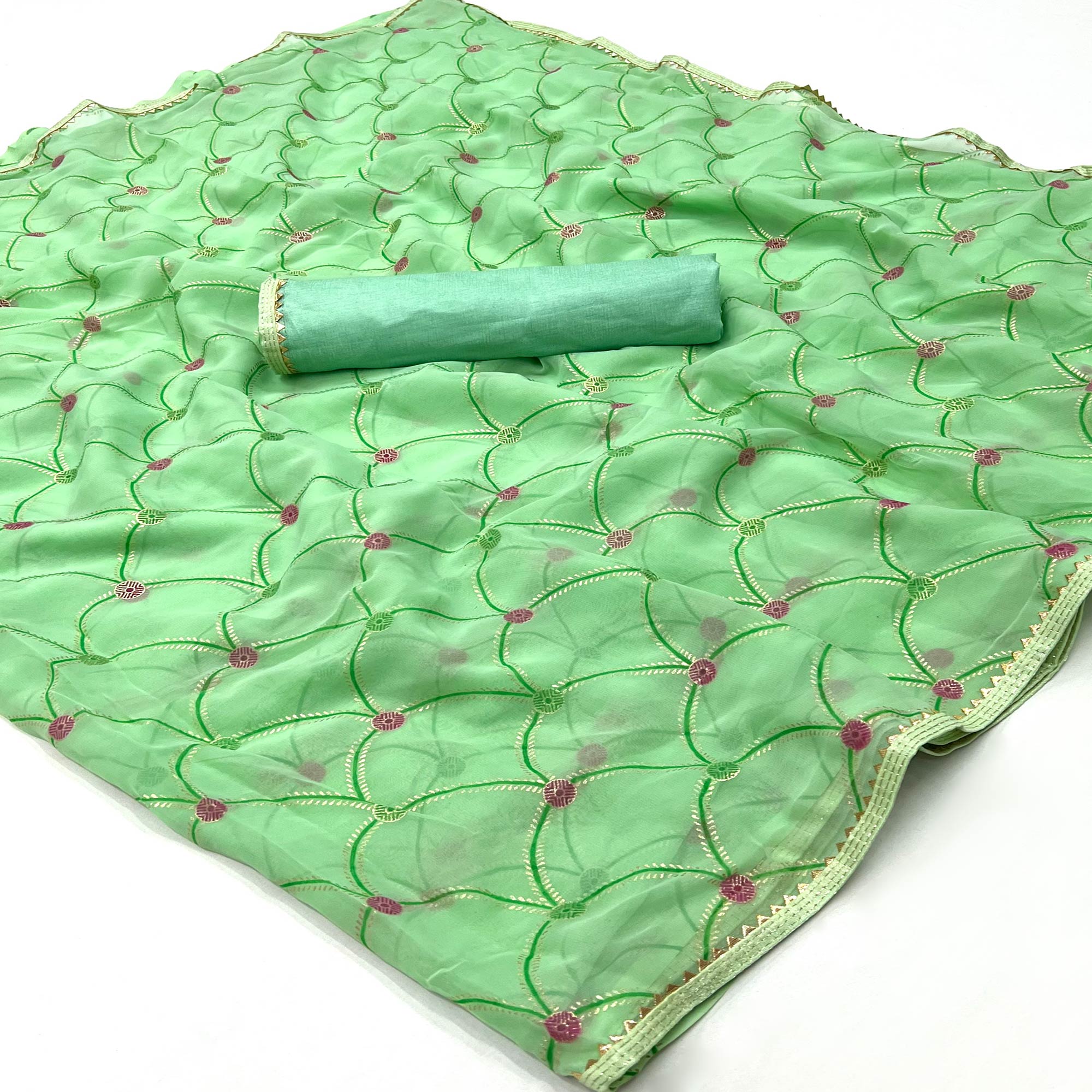 Sea Green Foil Printed Georgette Saree