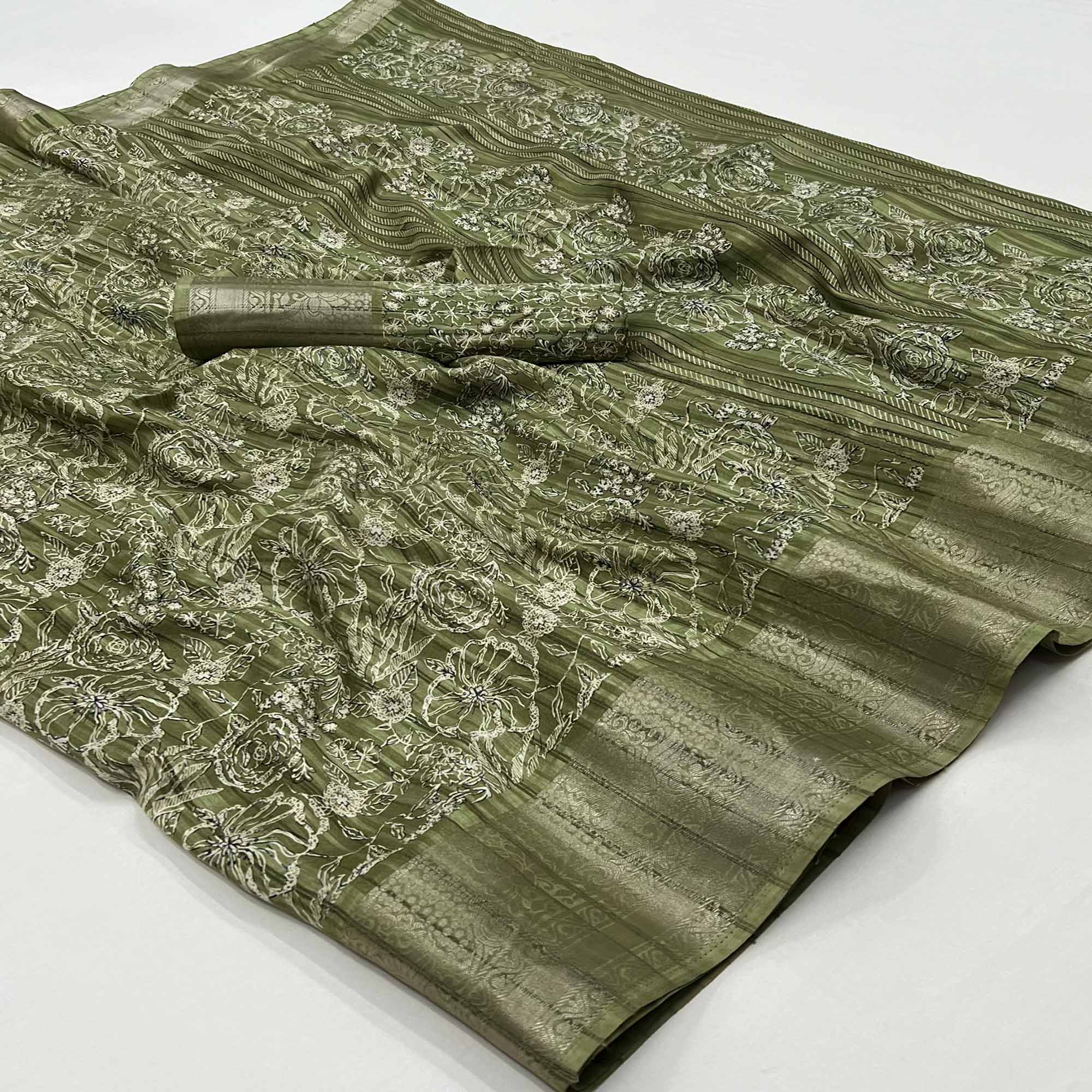 Green Floral Printed Cotton Blend Saree