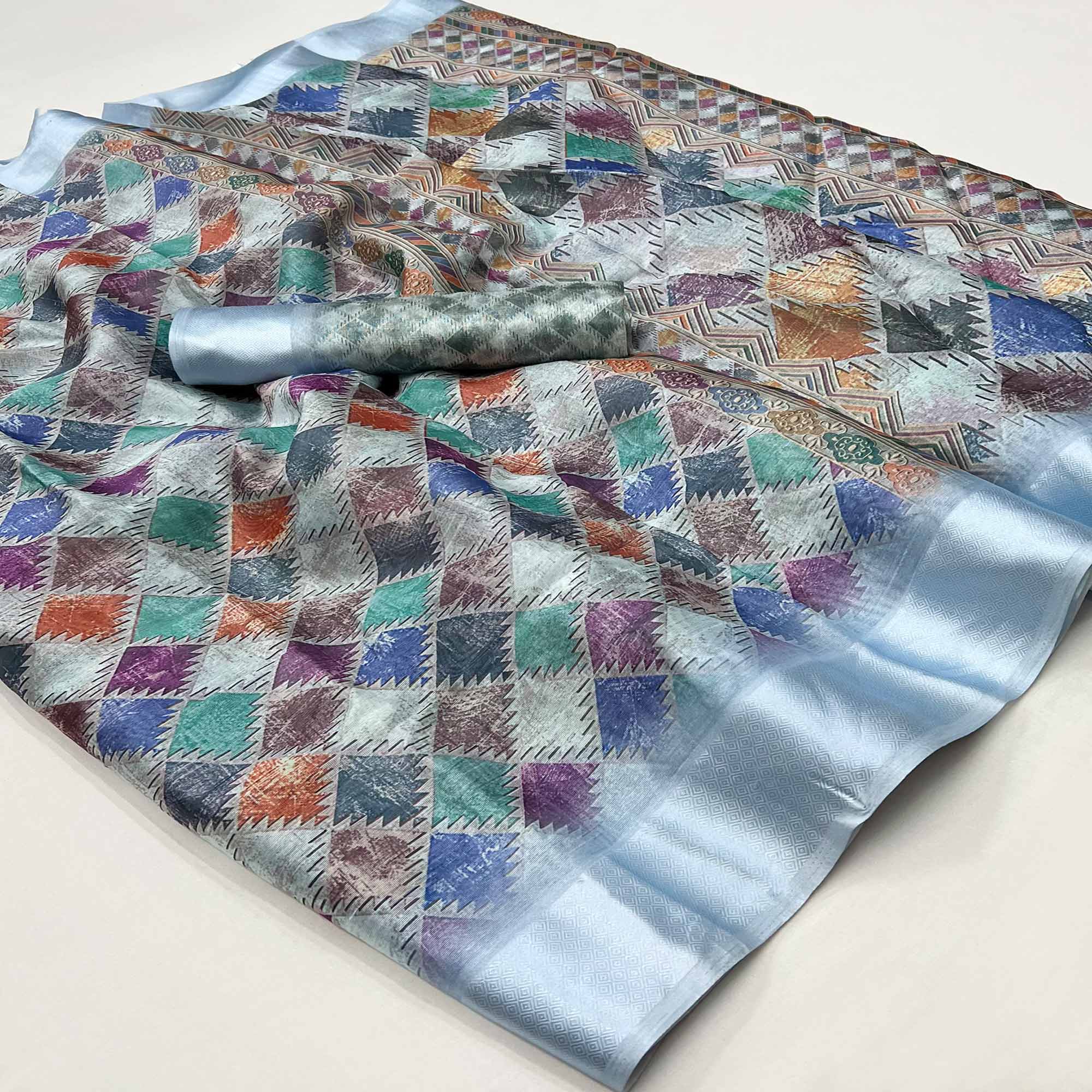 Blue Digital Printed Cotton Blend Saree