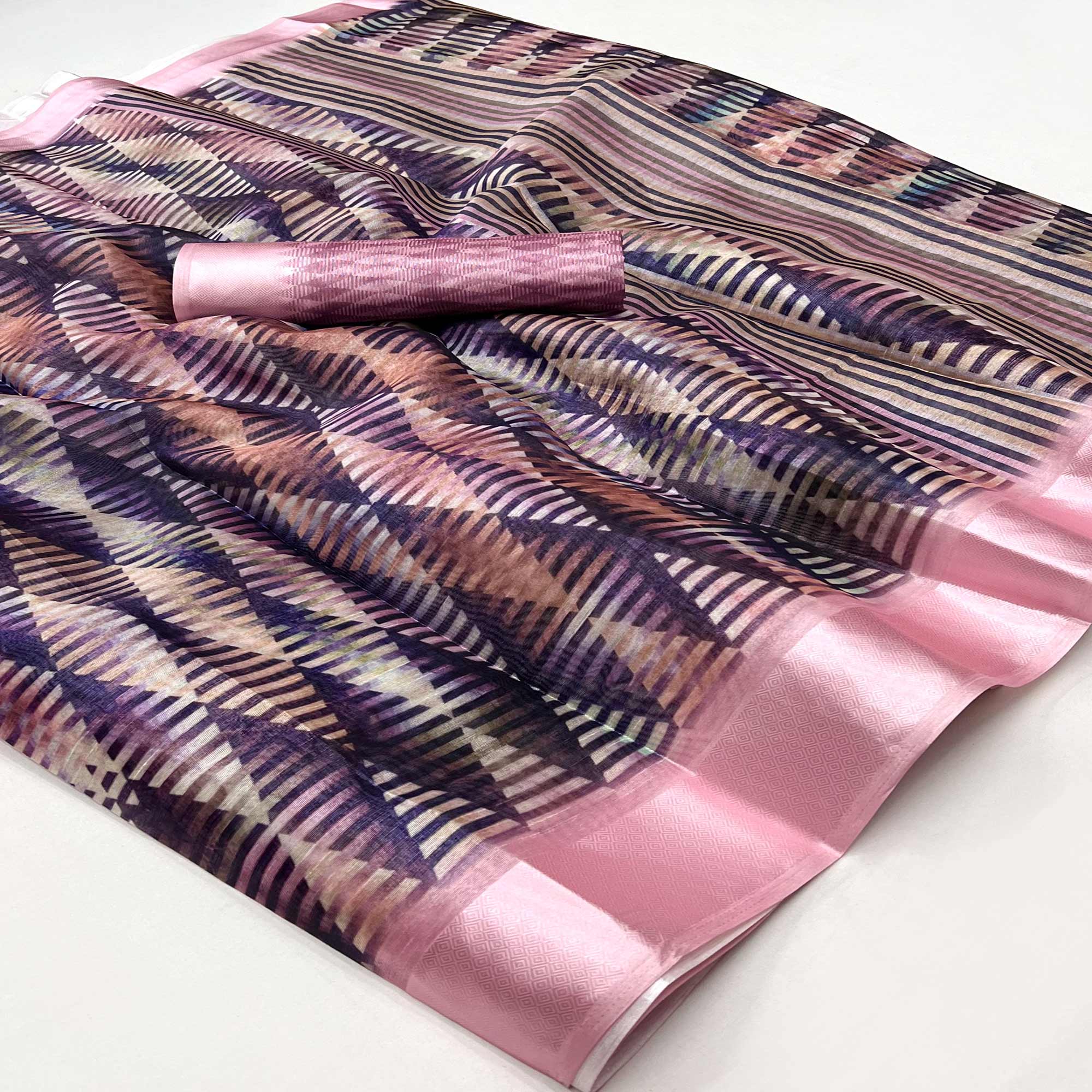 Blue Digital Printed Cotton Blend Saree With Fancy Border