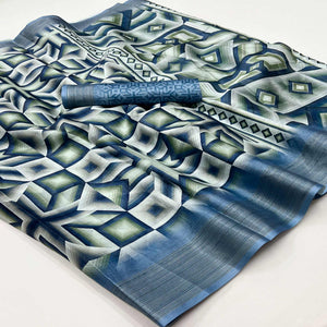 Blue Digital Printed Cotton Blend Saree With Fancy Border