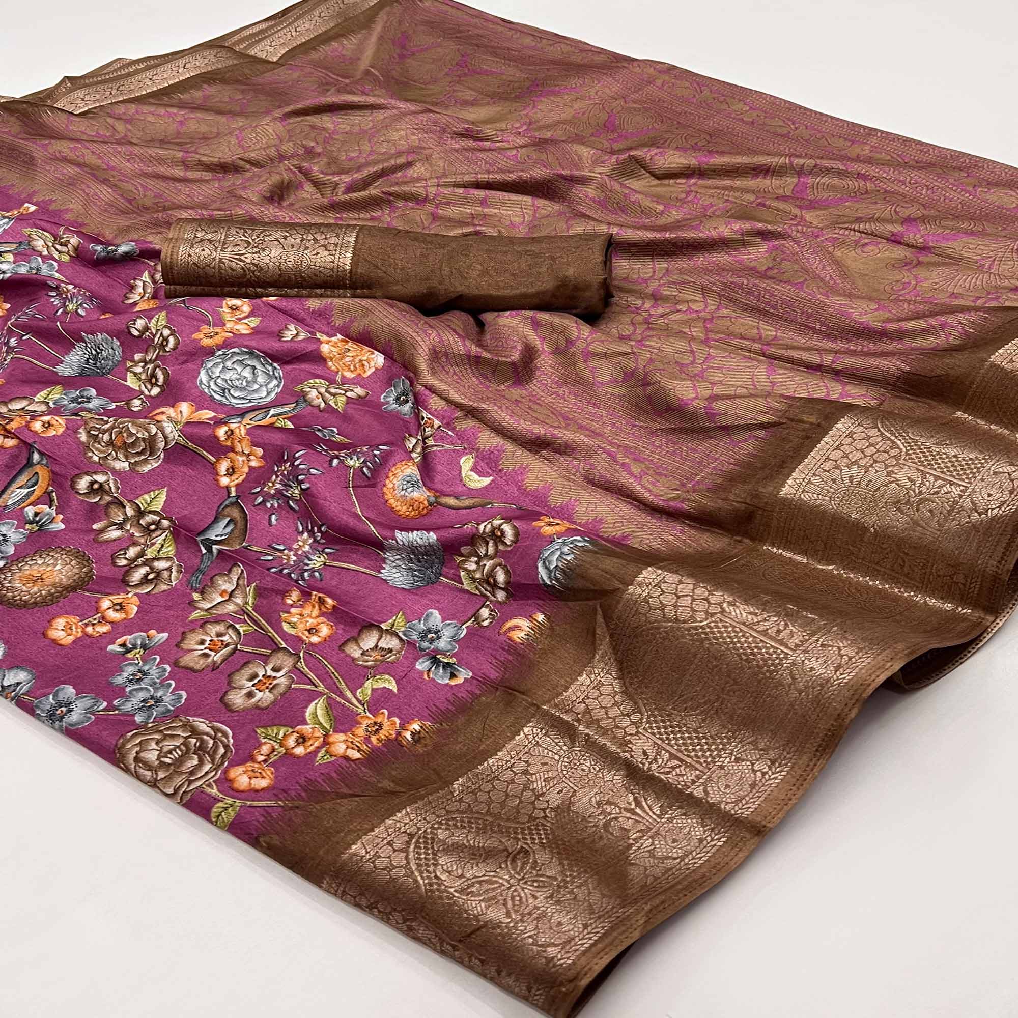 Purple Floral Printed Dola Silk Saree