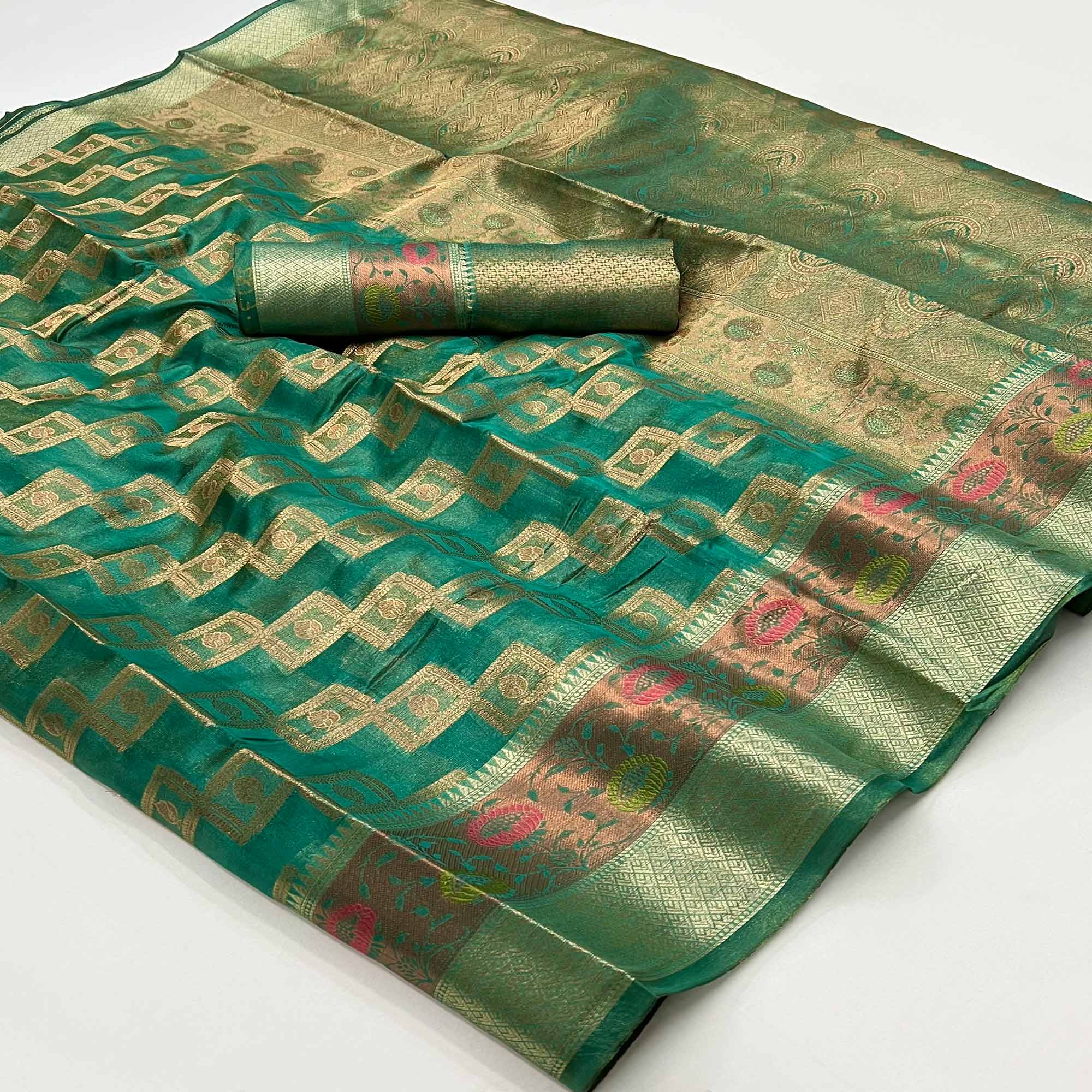 Rama Green Floral Woven Organza Saree