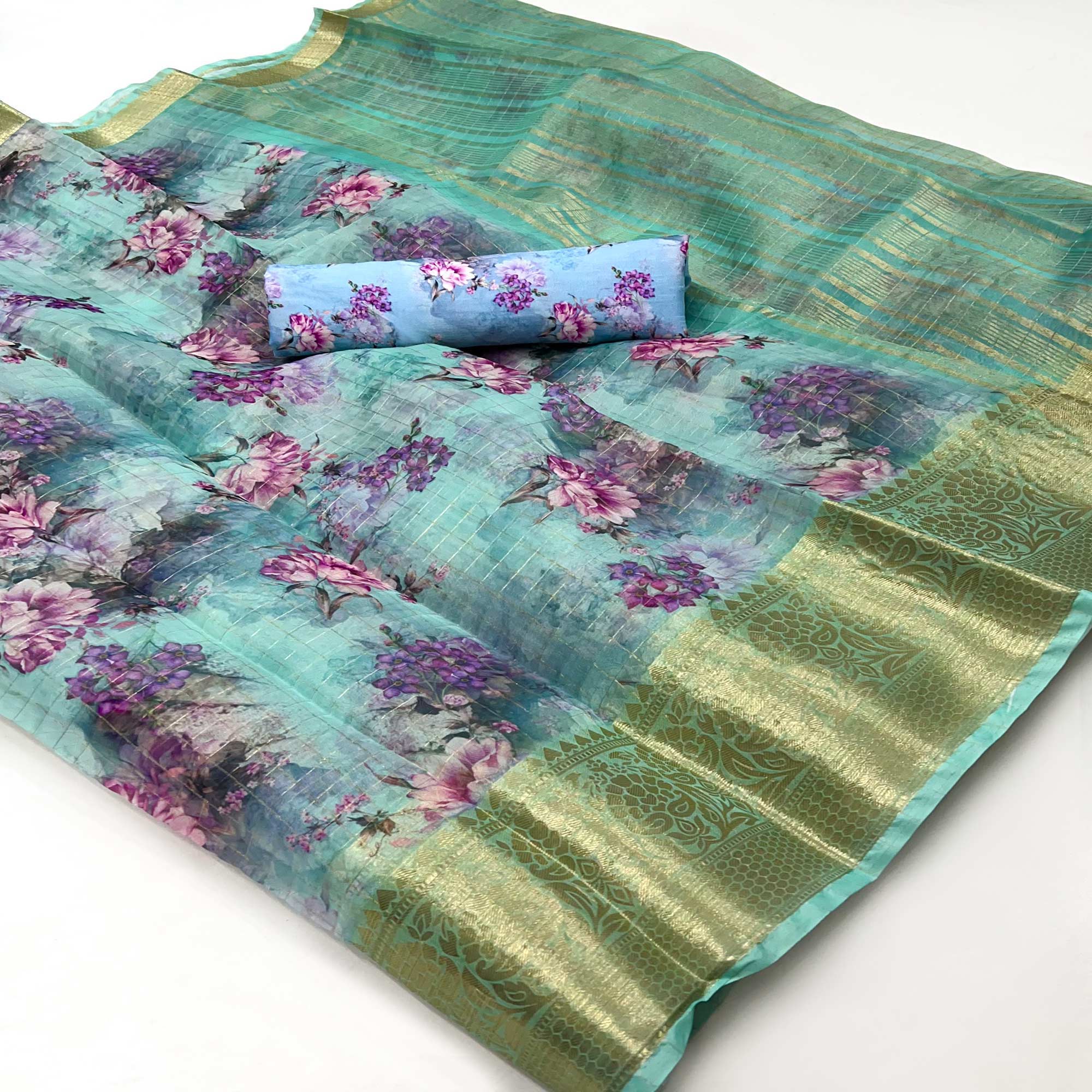 Turquoise Floral Digital Printed With Woven Border Organza Saree