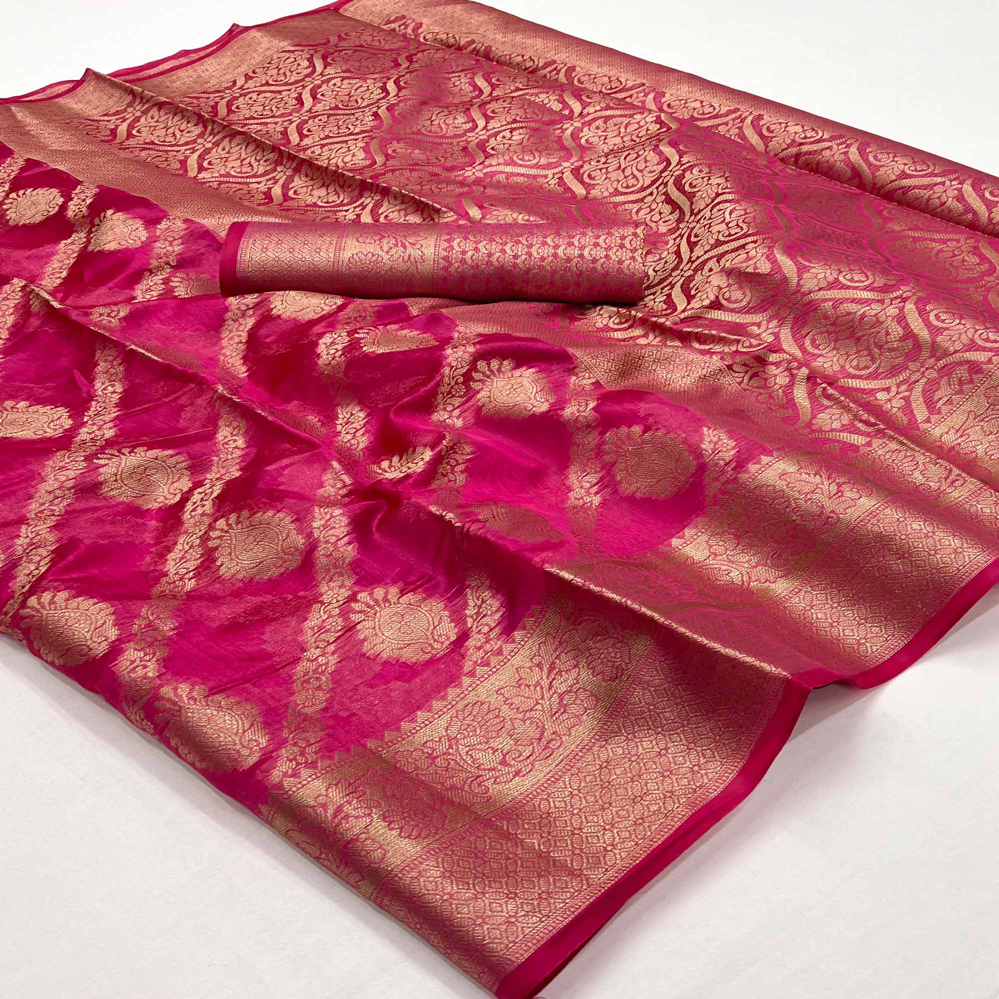Rani Pink Floral Woven Organza Saree