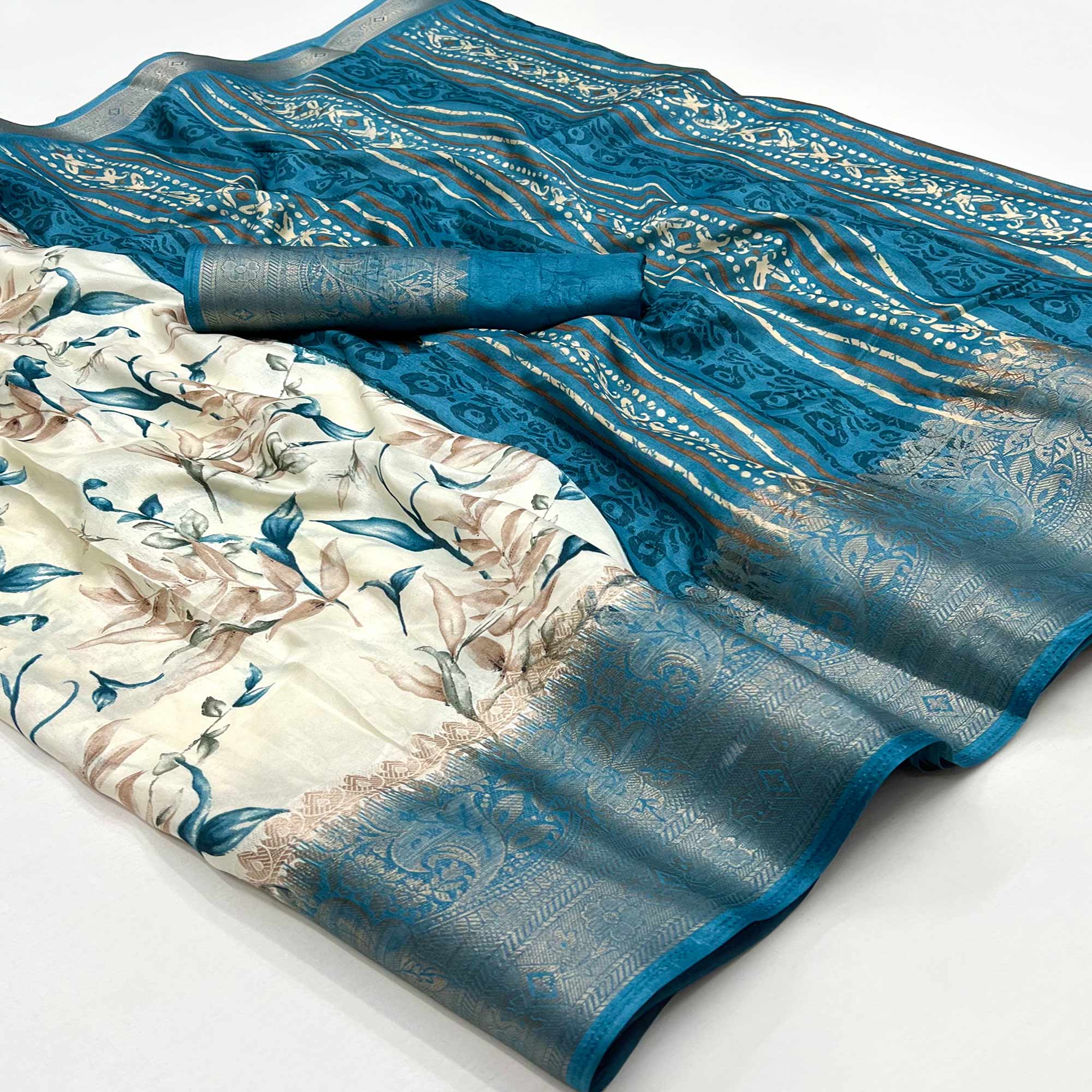 White & Morpich Floral Printed Dola Silk Saree With Woven Border