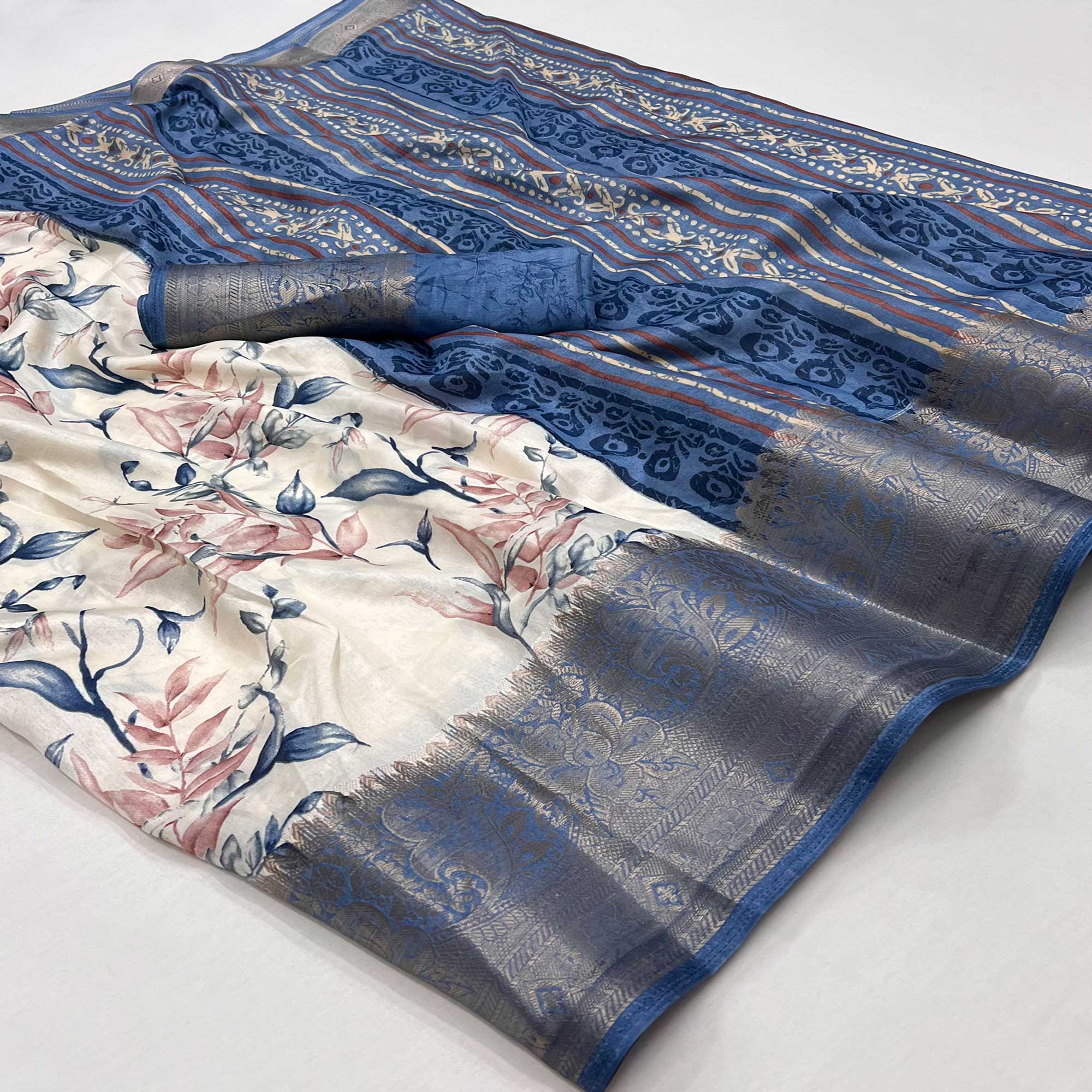 White & Blue Floral Printed Dola Silk Saree With Woven Border
