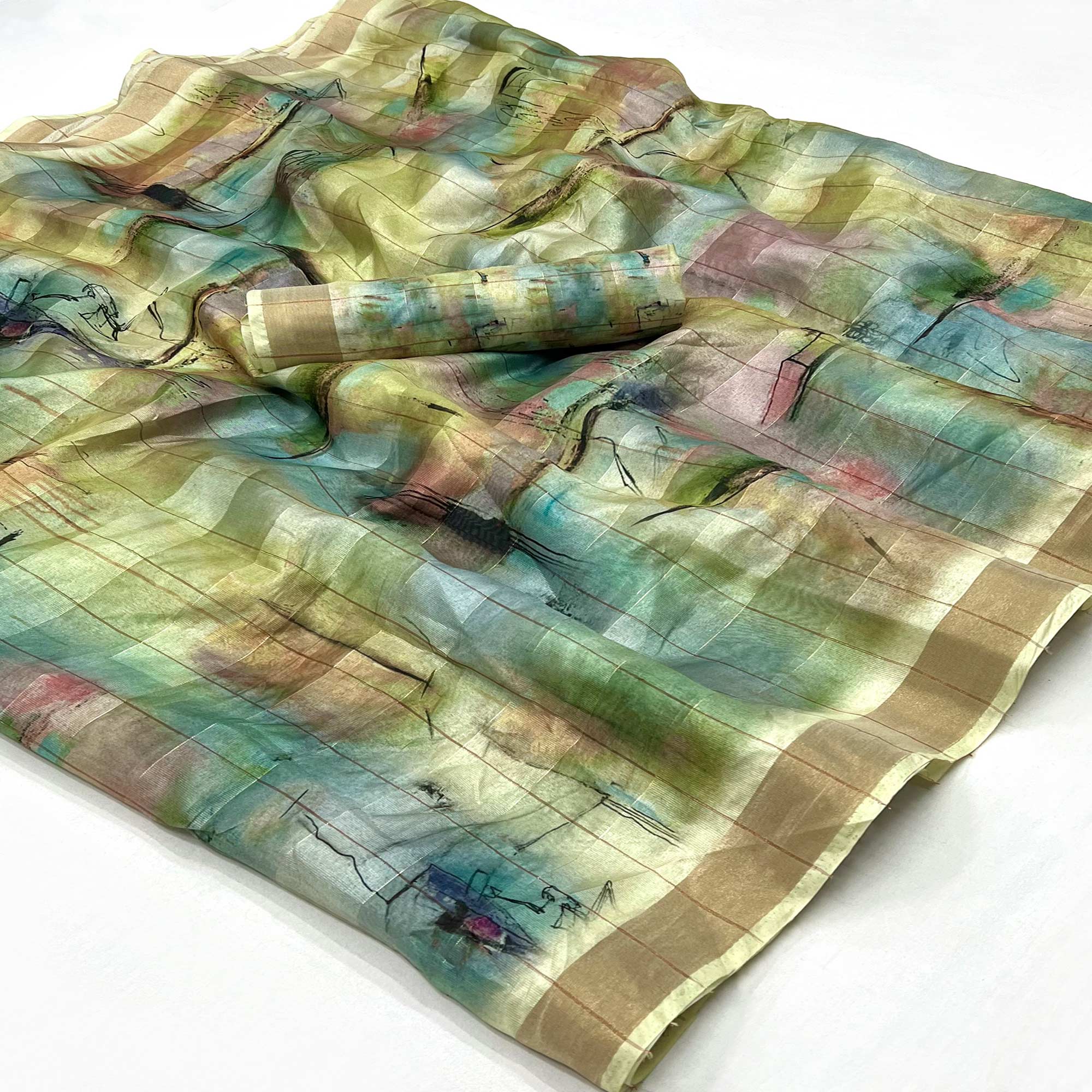 Green Digital Printed Cotton Blend Saree With Jacquard Border