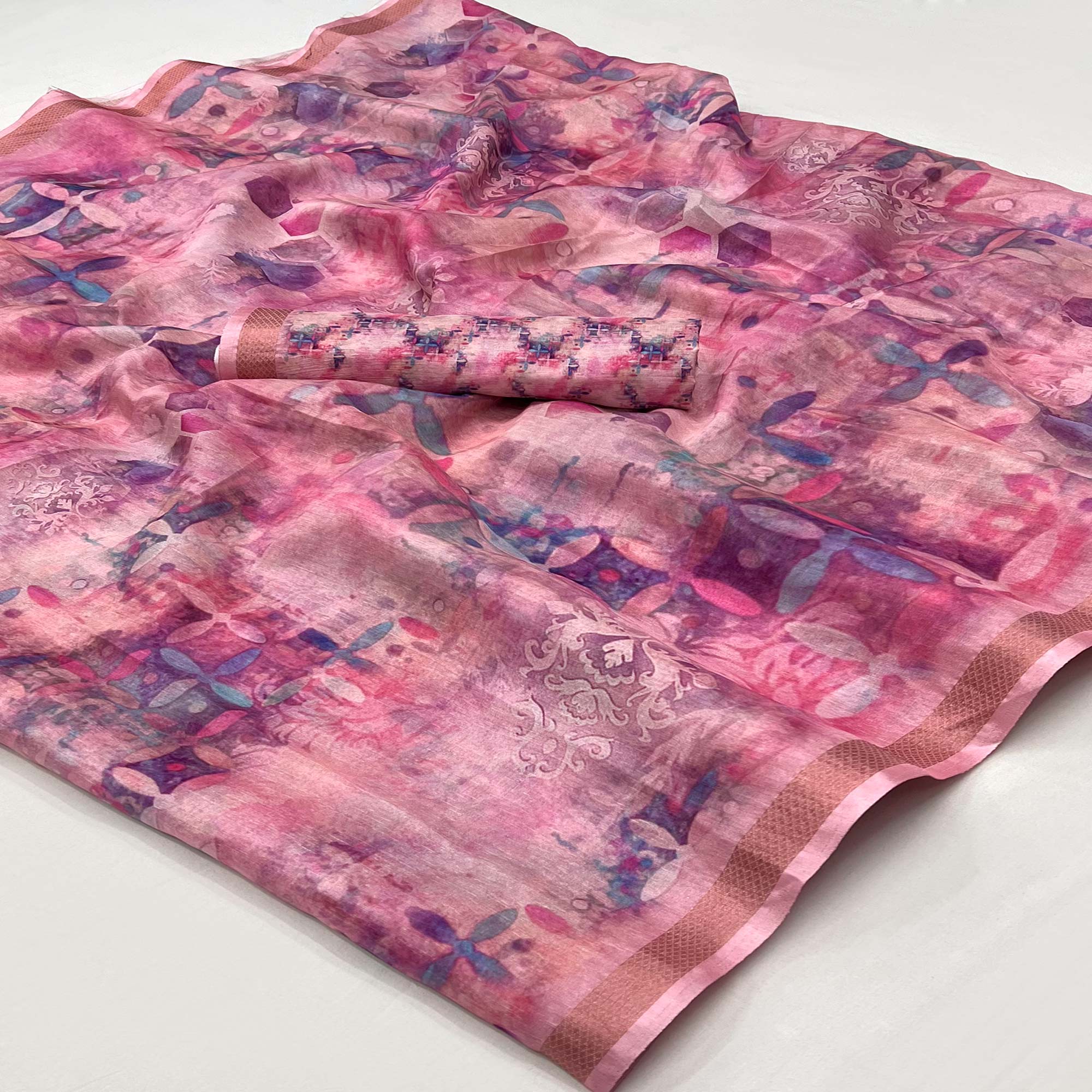 Pink Digital Printed Cotton Blend Saree With Jacquard Border