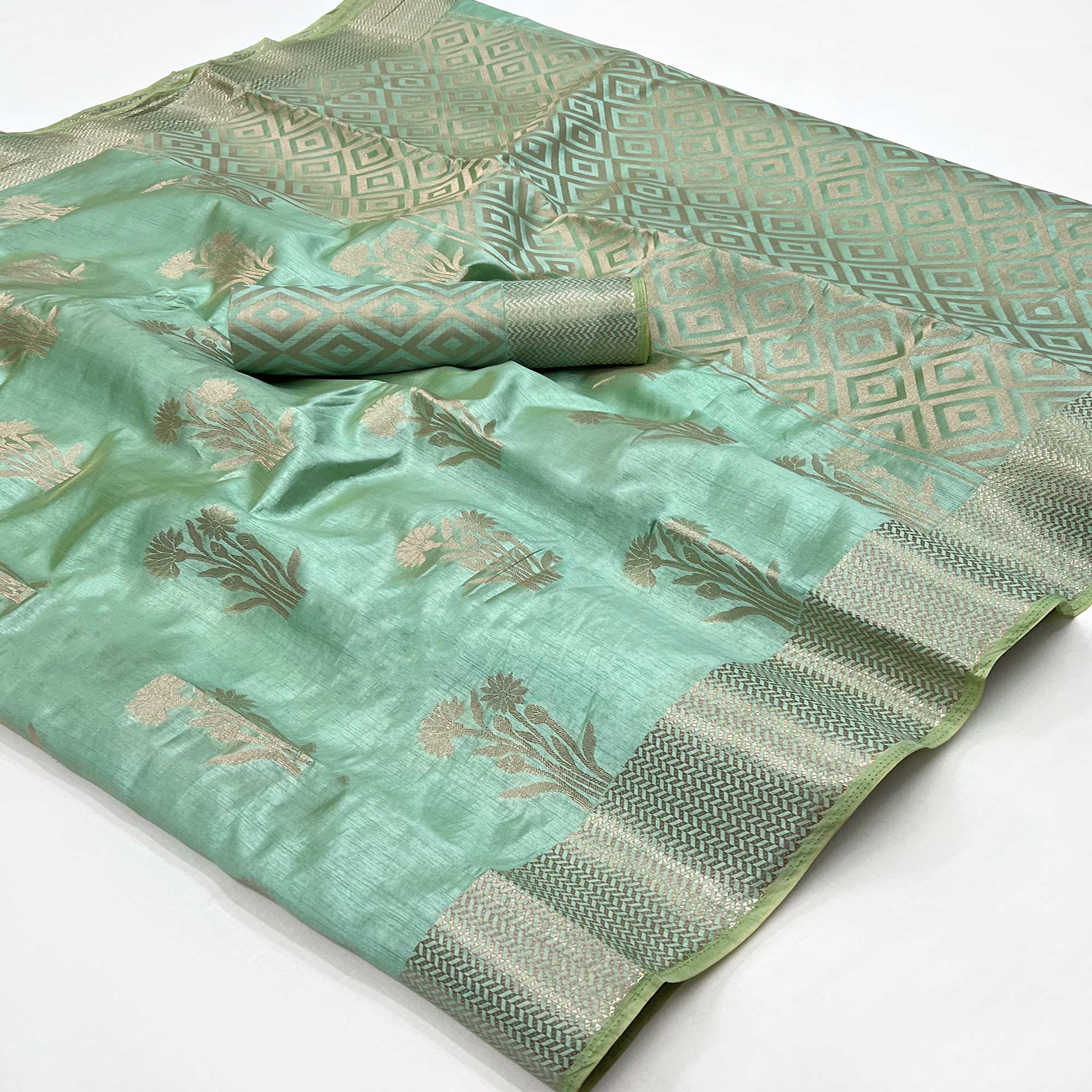 Sea Green Floral Woven Raw Silk Saree