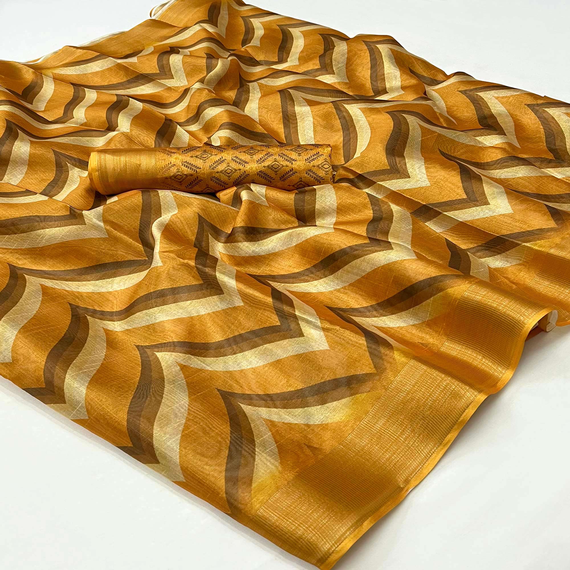 Mustard Digital Printed Cotton Blend Saree With Zari Border