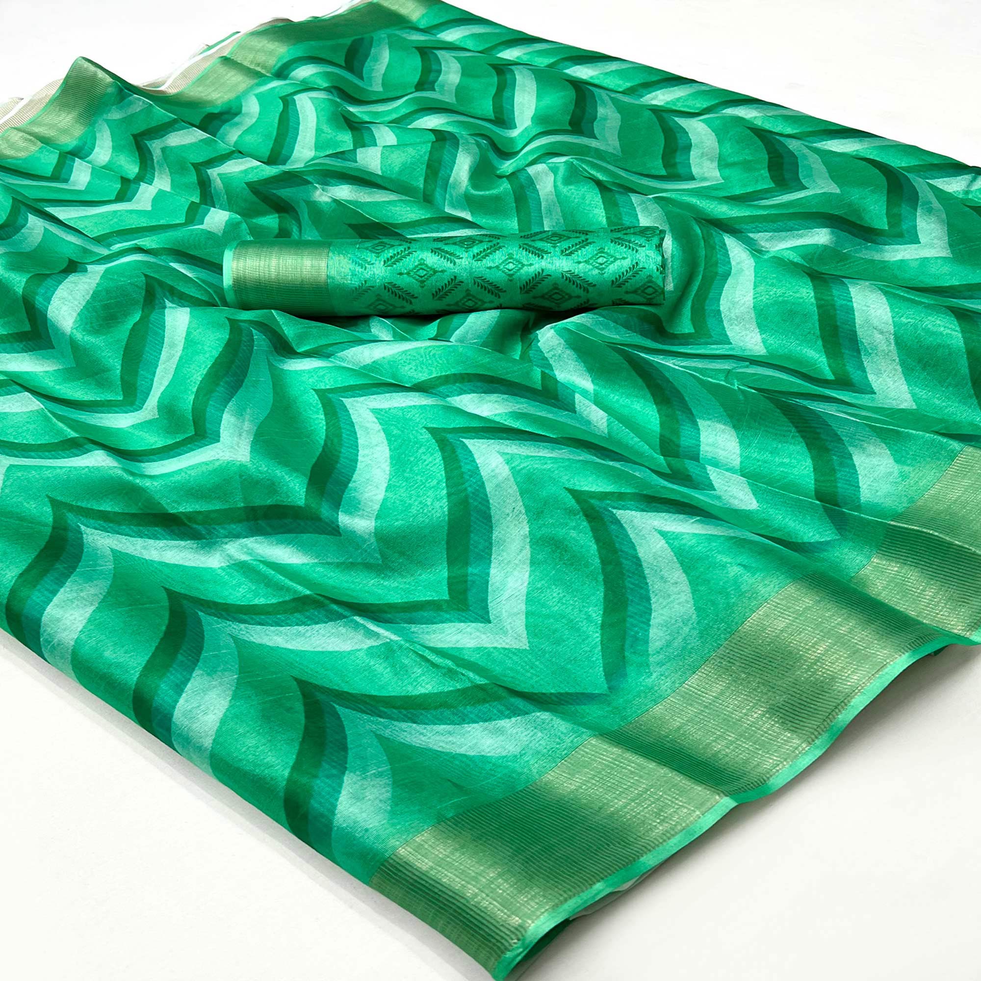 Green Digital Printed Cotton Blend Saree With Zari Border
