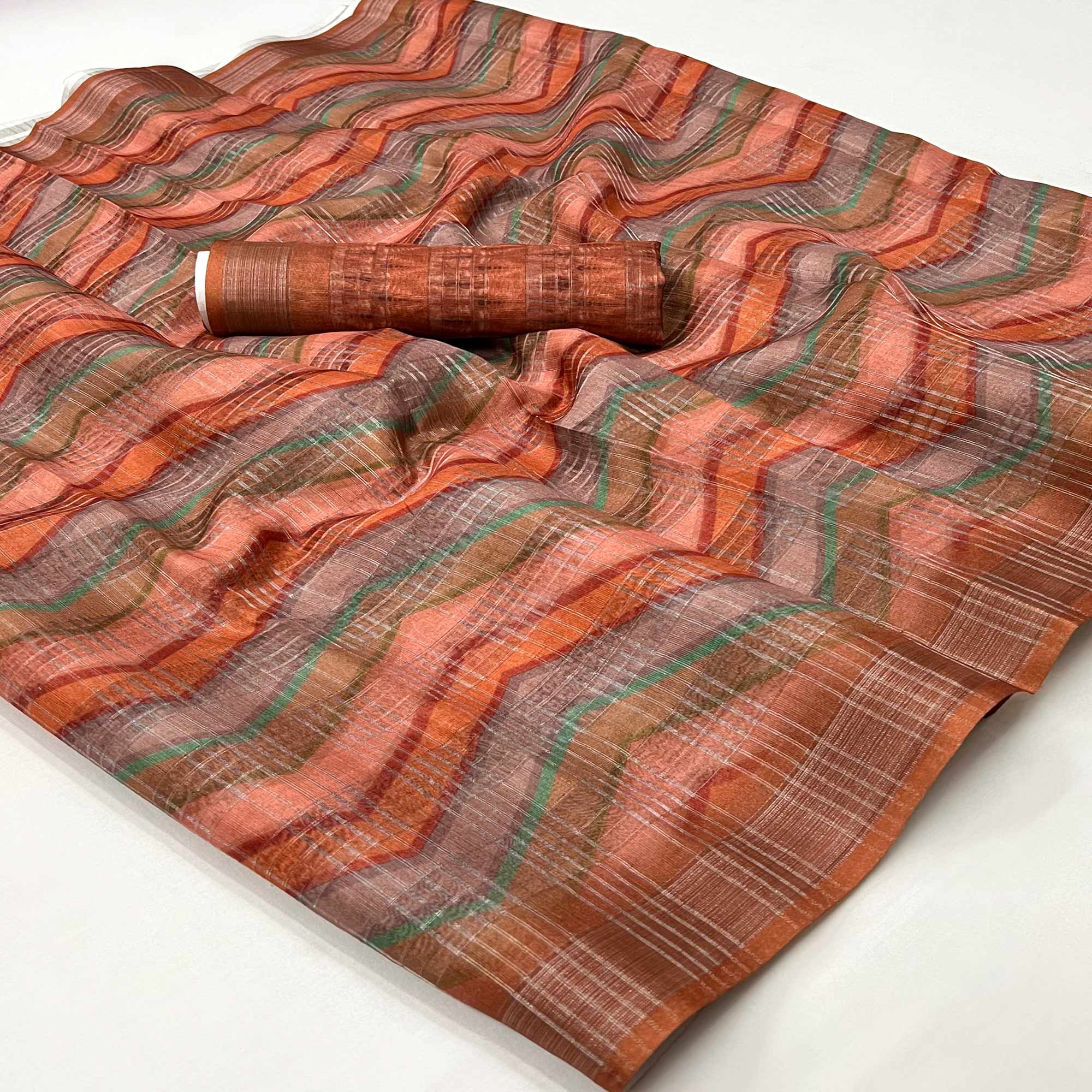 Orange Digital Printed Cotton Blend Saree