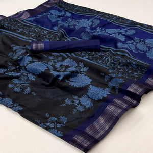 Black & Blue Floral Printed Dola Silk Saree With Woven Border