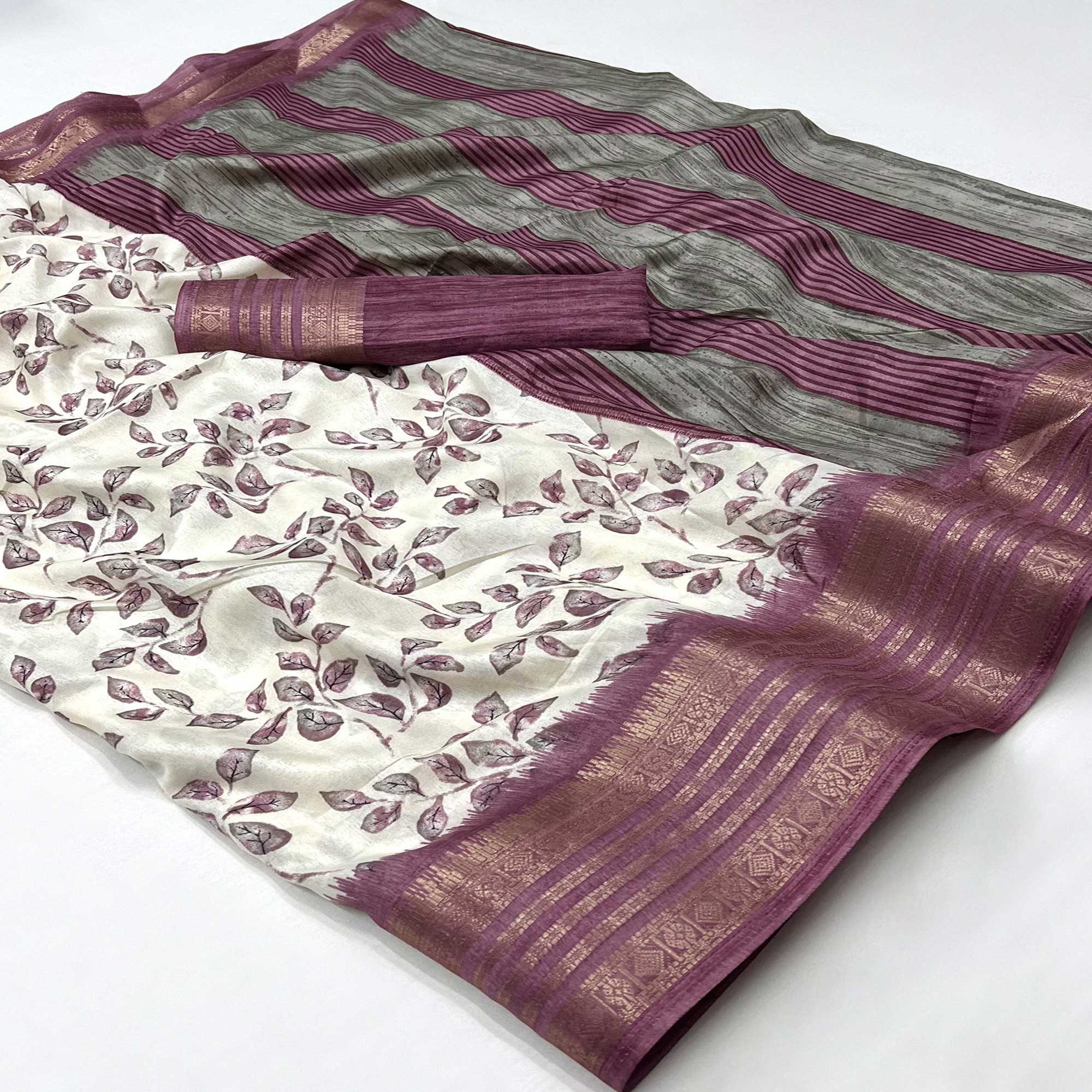 White & Mauve Floral Printed Dola Silk Saree With Woven Border
