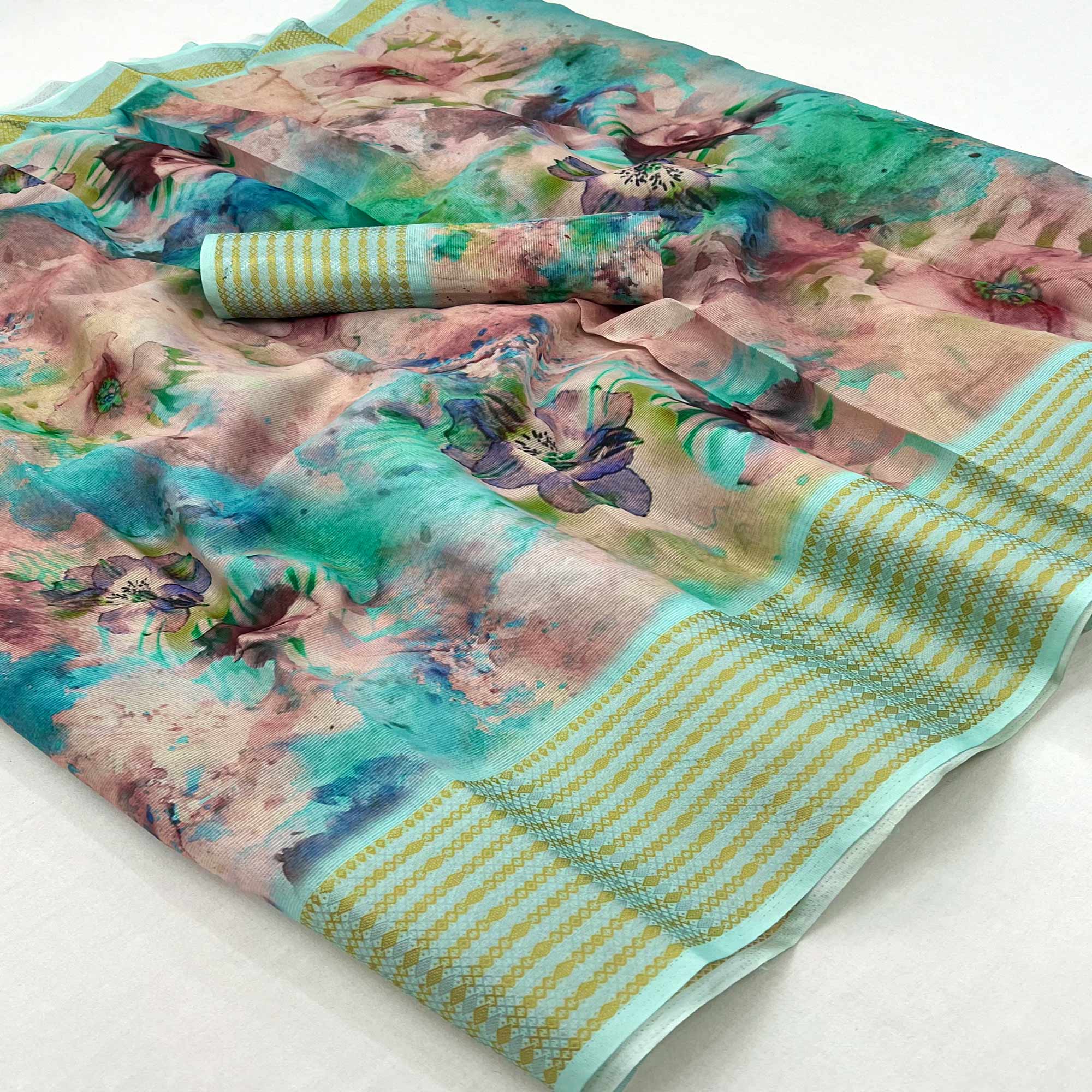 Turquoise Floral Digital Printed Cotton Blend Saree